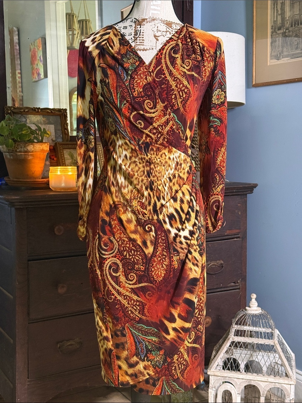 Vintage Cache Leopard Paisley Ruched Faux Wrap Dress Medium - Picture 2 of 14